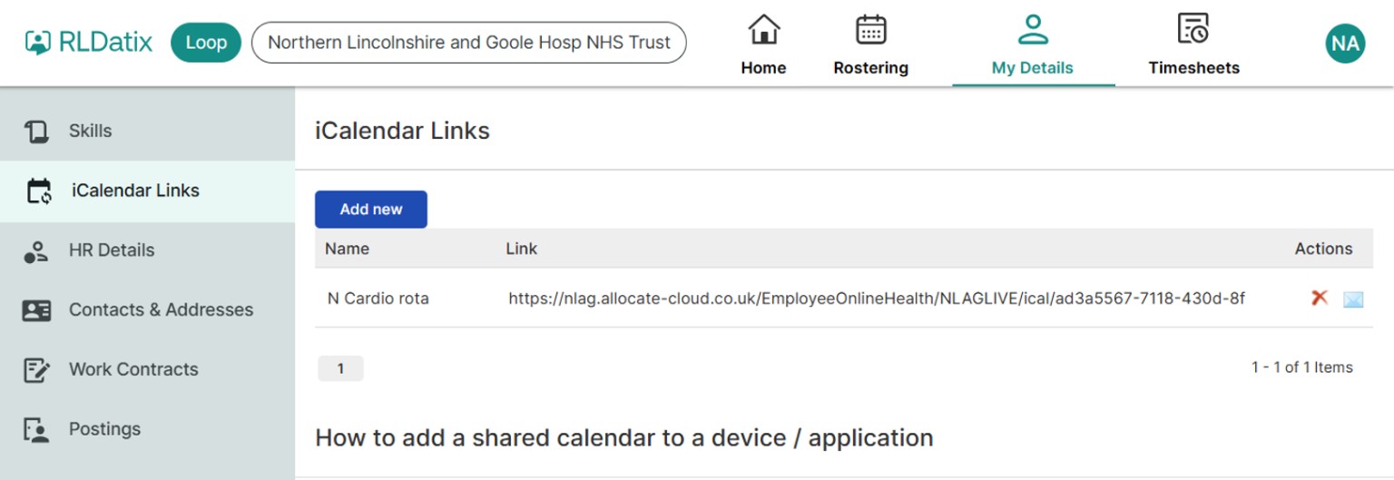 The Allocate iCalendar Links page showing where an ICS link appears. The example link is deliberately cut short.